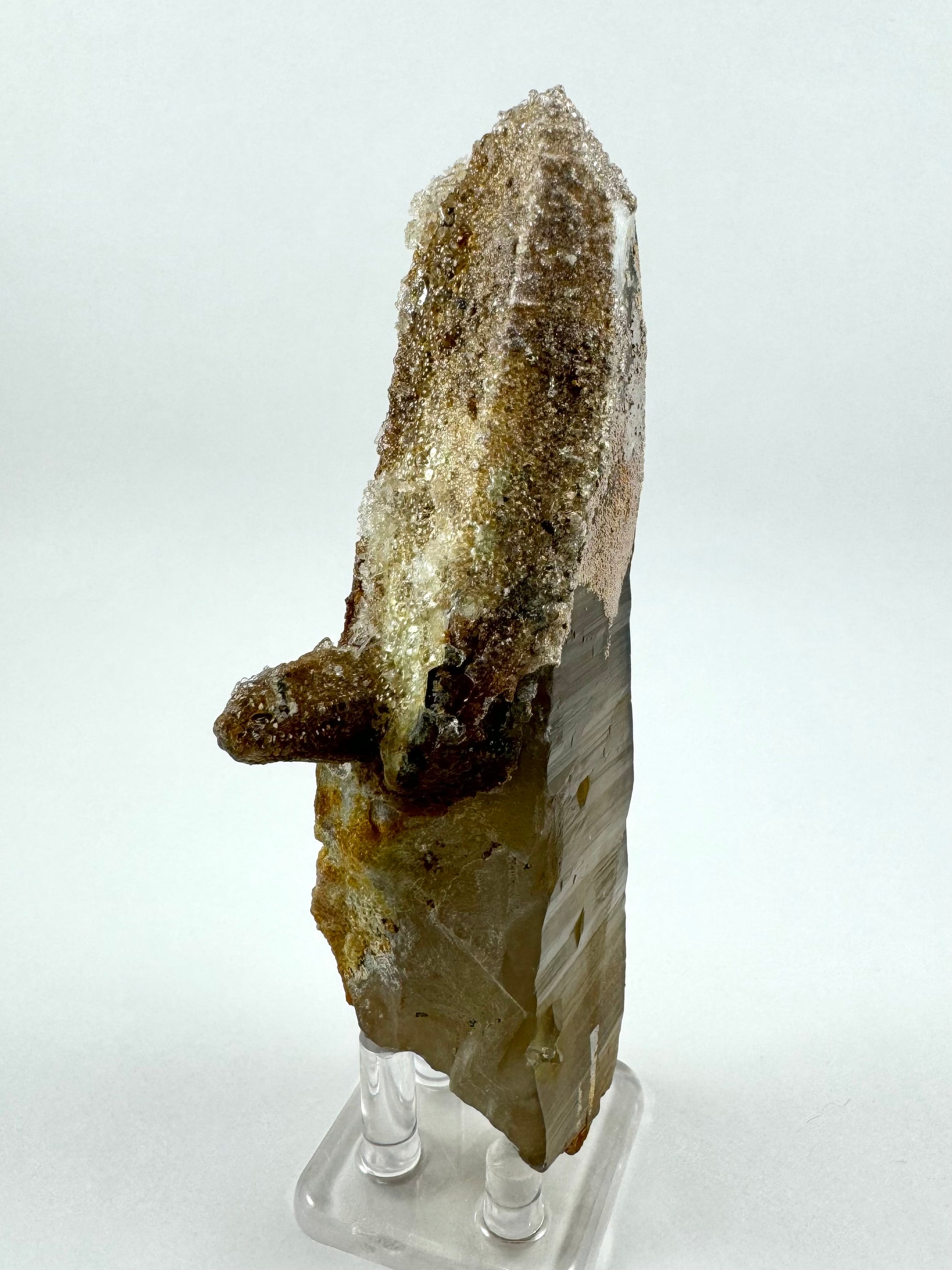 Full view of a long thick smoky quartz crystal with a much smaller crystals growing out one side like a flipper. The top half and the left side of the smoky quartz is coated in a bumpy layer of pale hyalite.