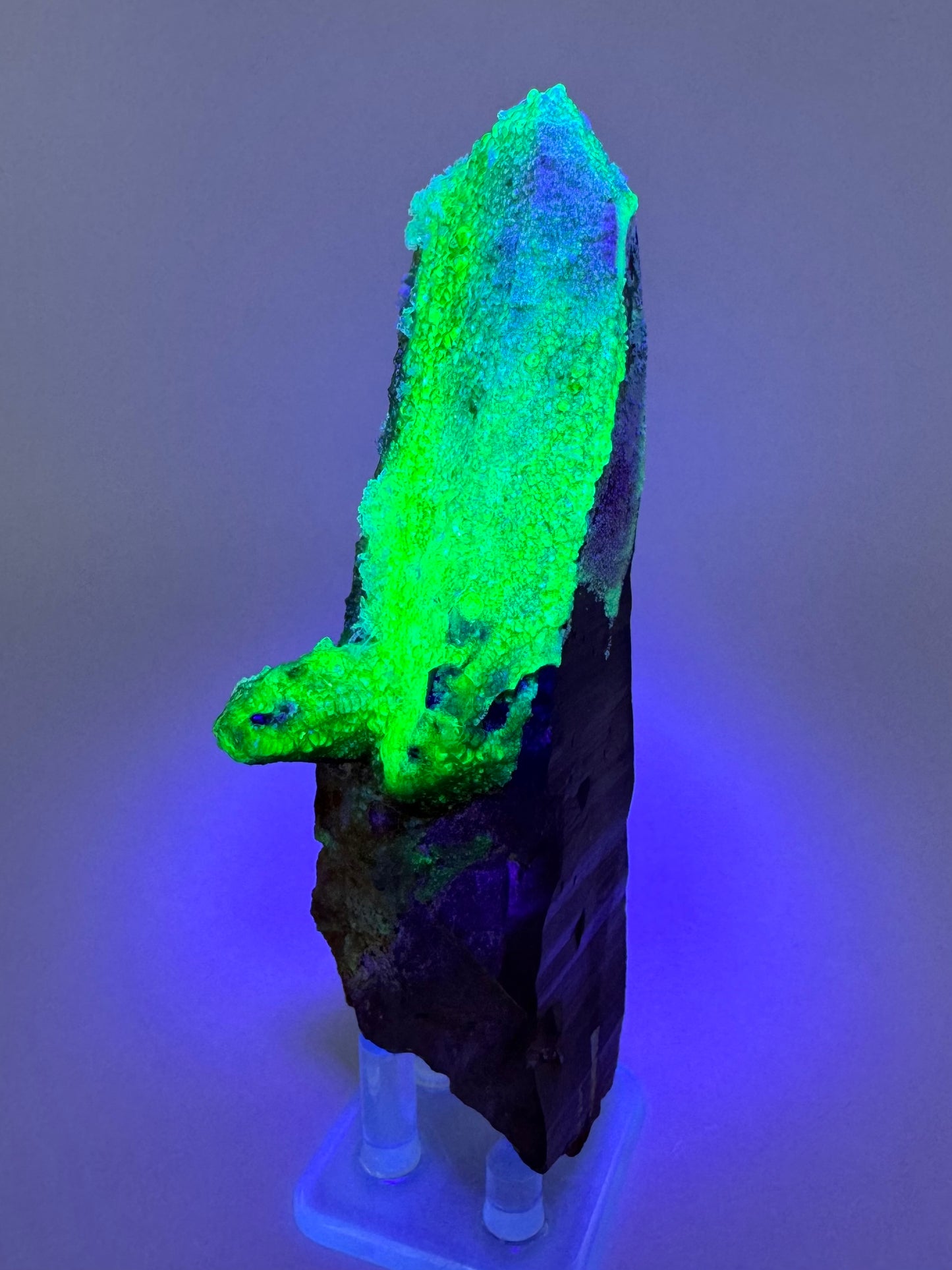 The piece in the same position as the previous two images, in the dark and illuminated in blue-tinted UV light. The hyalite areas fluoresce a strong yellowish-green color with patches of light blue.