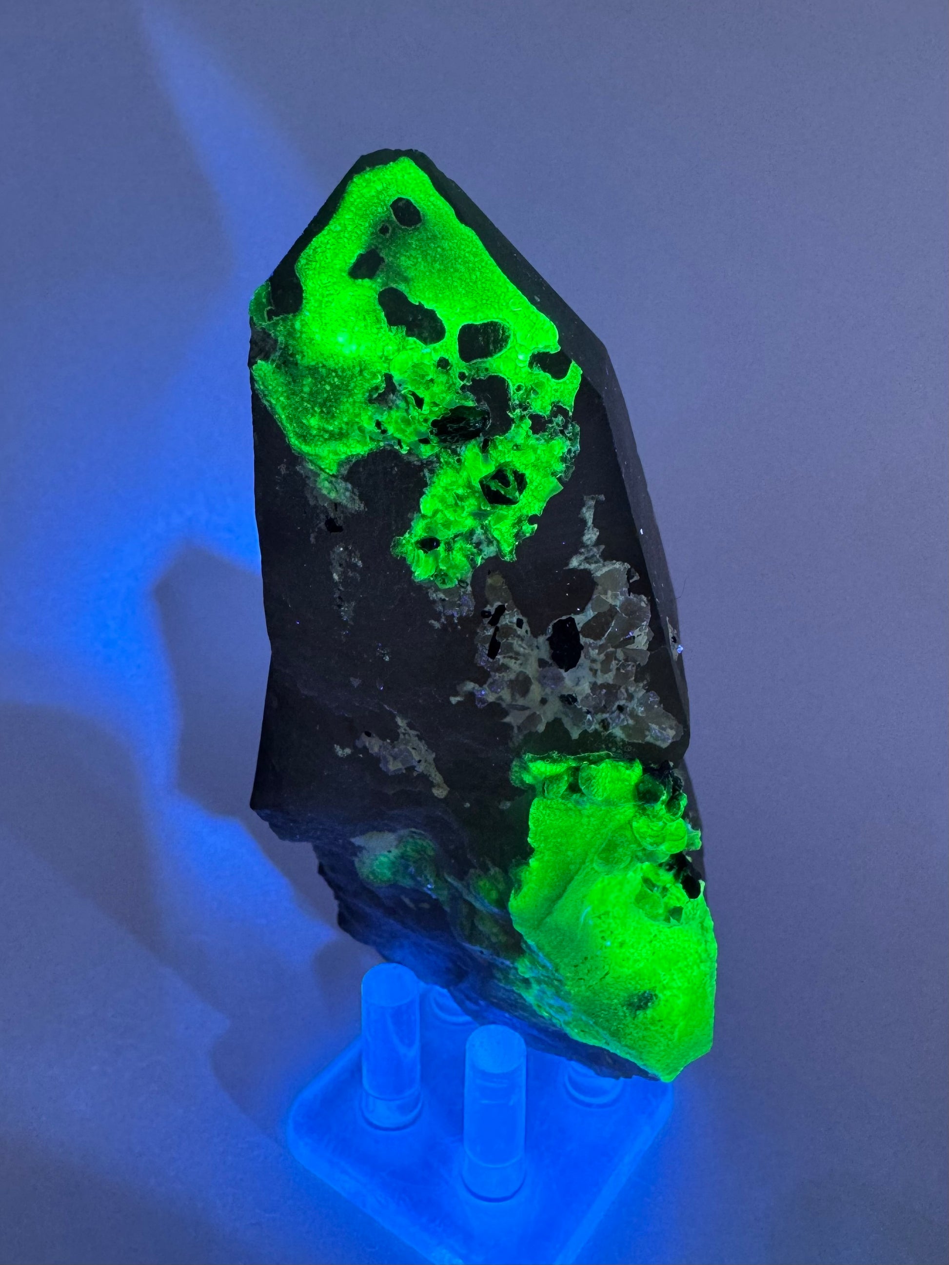 The second of three lighting images: the point in the same position as the previous image, in the dark and illuminated with blue-tinted UV light. The hyalite fluoresces a strong yellowish-green. The white mineral growth on the center of the quartz does not react.