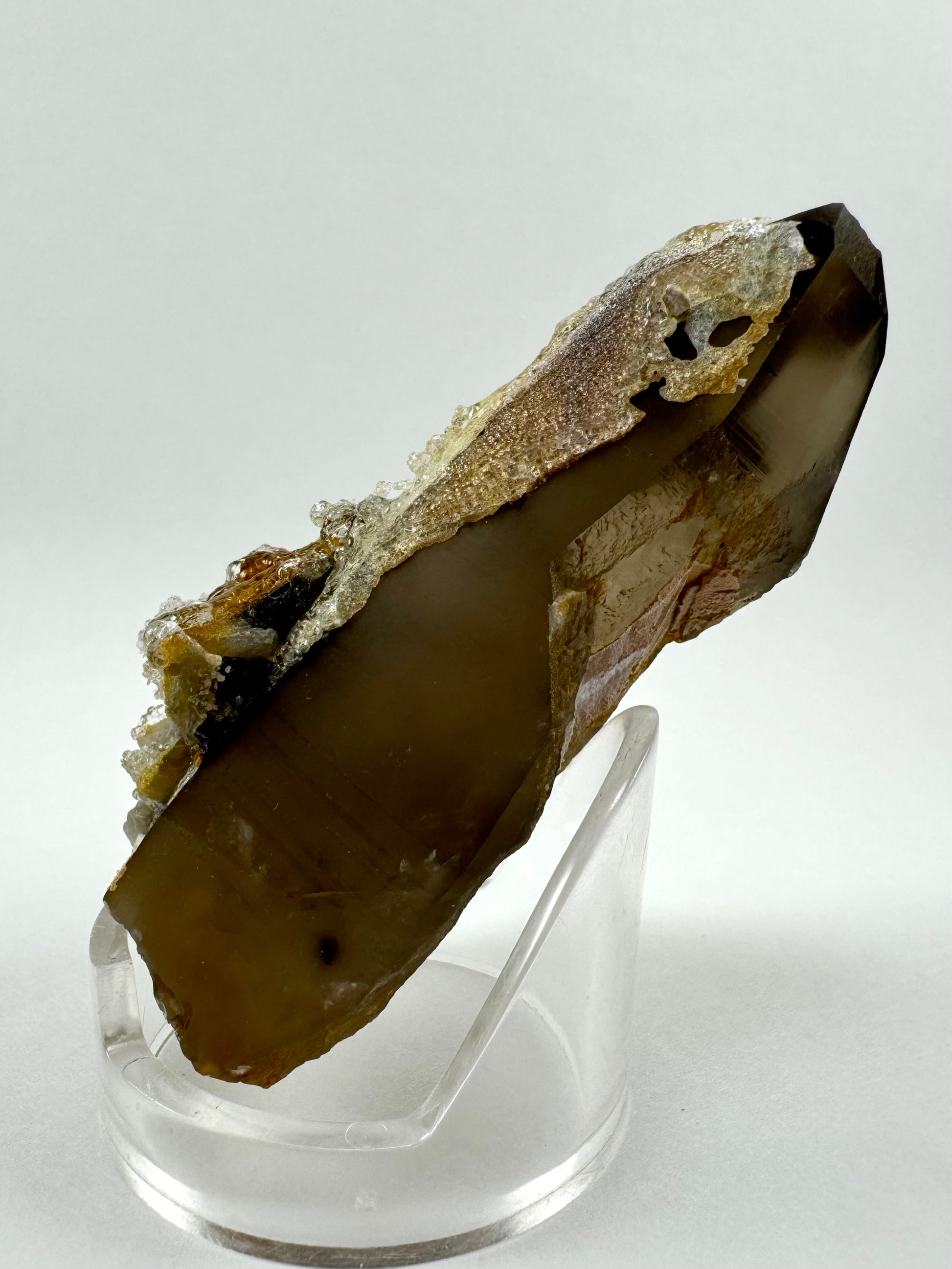 A view of another side, showing dark brown coloration to the smoky quartz, with a black spot near the base. Hyalite coats the face on the left, and edges look as though lifted like a splashing drip.