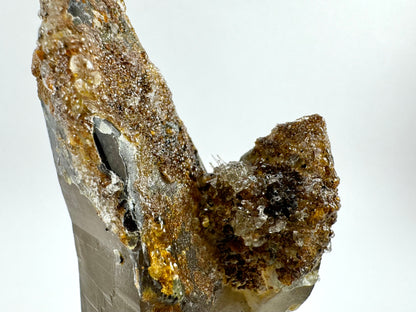 Detail of the joint between the two crystals, coated with botryoidal hyalite. At the center is a cluster of needle-like crystals aligned together and slightly tapered like stalactites.