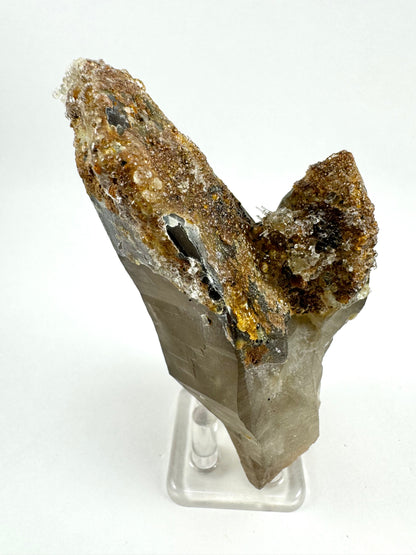 The first of three lighting images: a smoky quartz point with a smaller point jutting out near the base. The pair are mostly coated in a thick crust of botryoidal hyalite with golden brown color under it.