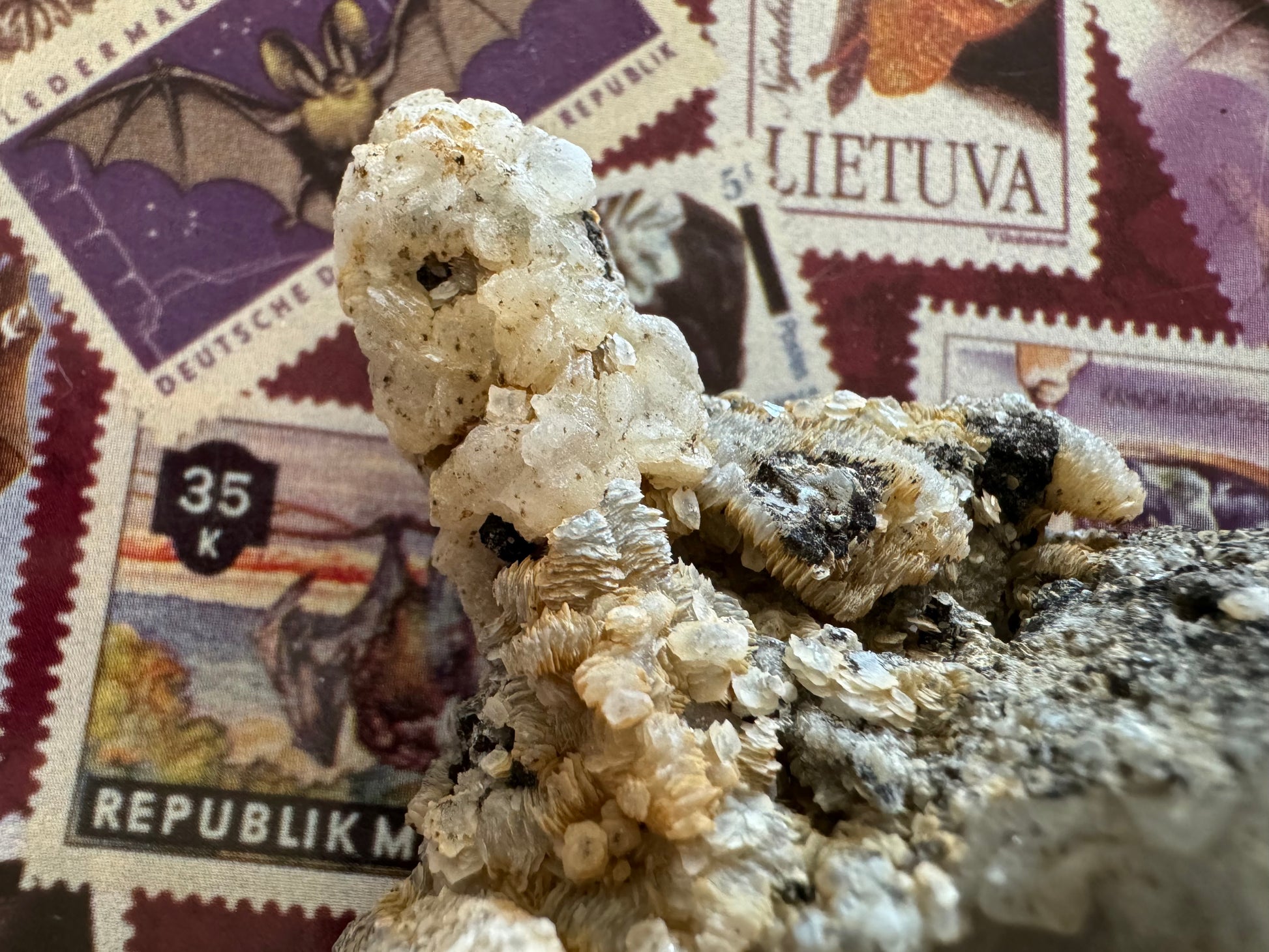 Detail of the quartz point growing at right-angle, which is covered in clumpy off-white crystals. They are calcite, formed in thicker rice-like crystals on the surface. Around the base is poker-chip style calcite, small flat platelets stacked at multiple angles.