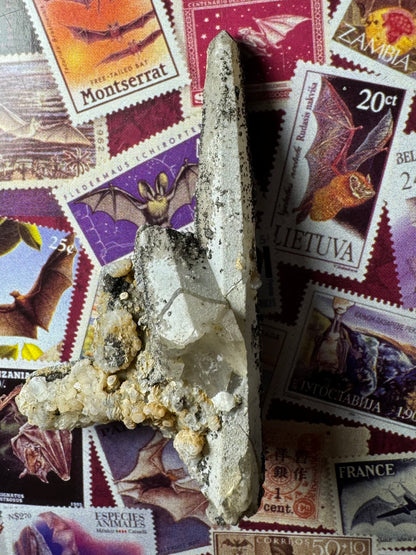 Multiple quartz points in a haphazardly cluster, with one long well-formed point. There is one point growing out at right-angle to it, and part of a broken one perched on top. The points are covered in a white crust with clumpy minerals on the left side.