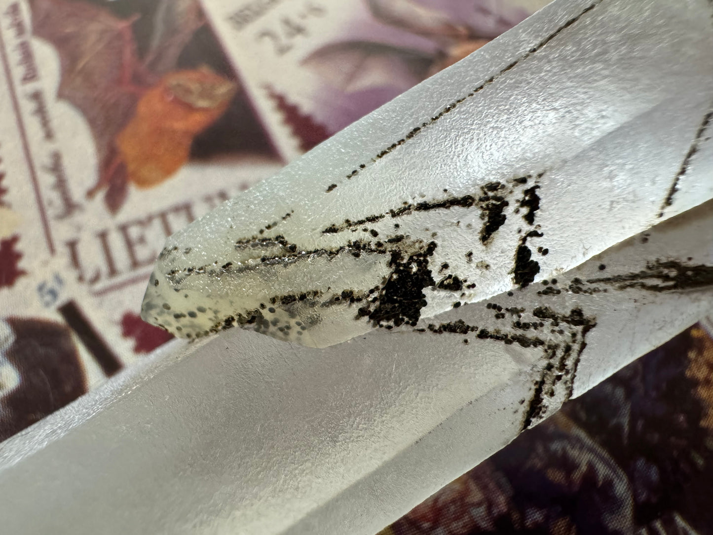 Detail of the small dark spheres composing the lines across the smaller quartz point. They are just under the surface, breaking the surface of the quartz. Some are included inside.