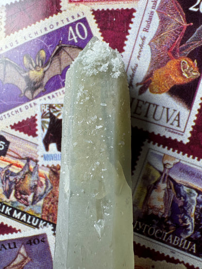 A closer view of the top half of the point, sprinkled with small rice-like crystals that form a cluster near the point. The surface of the quartz appears dull.