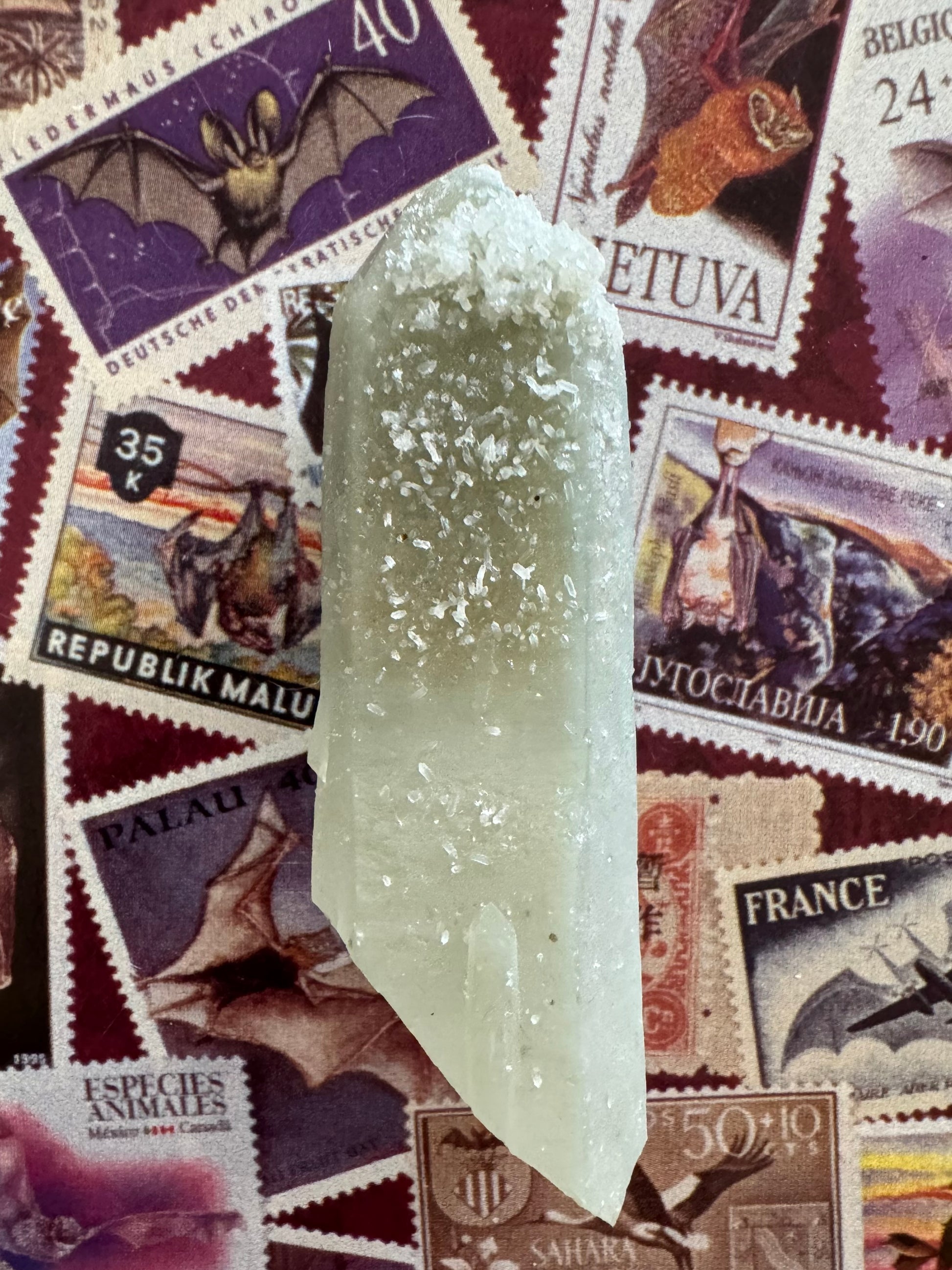 Full view of a stubby hedenbergite quartz point, well-formed with the base cleanly broken diagonally. It has a light greenish-gray color that darkens closer to the tip. There is a cluster of white rice-like crystals near the point and more sprinkled over the top half of the point.