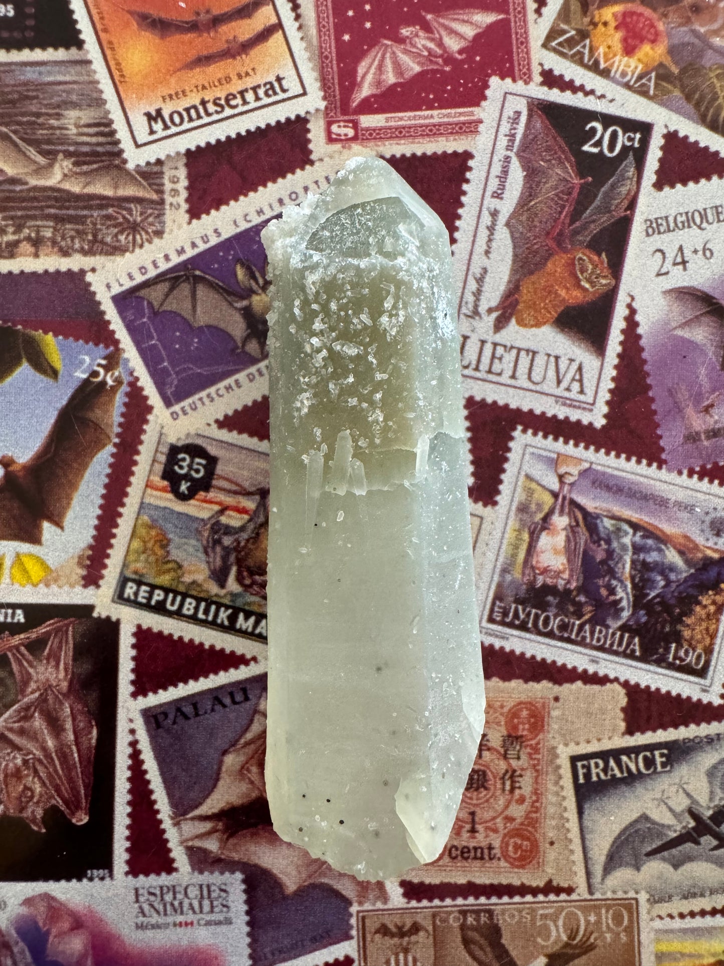 Full view of another side of the quartz point, which has a few excellent sprouting growth crystals around the middle. Above there are some of the small white crystals. The tip of the piece is oddly formed, with an inverted area.