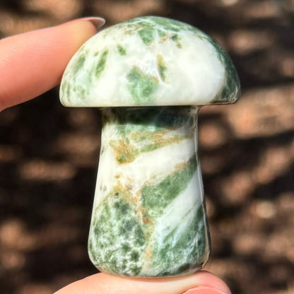 White and green moss agate mushroom