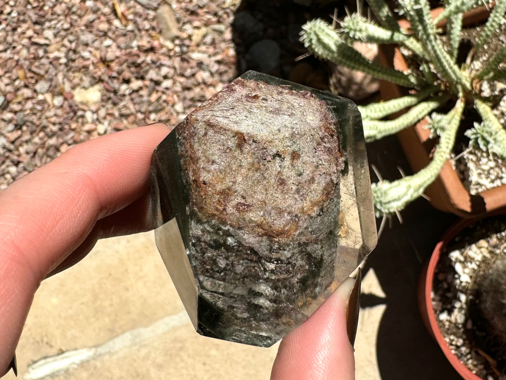 The specimen with sunlight shining directly on it, appearing darker than when side-lit. The right wide of the piece has clear quartz, while the left side is covered in green chlorite.