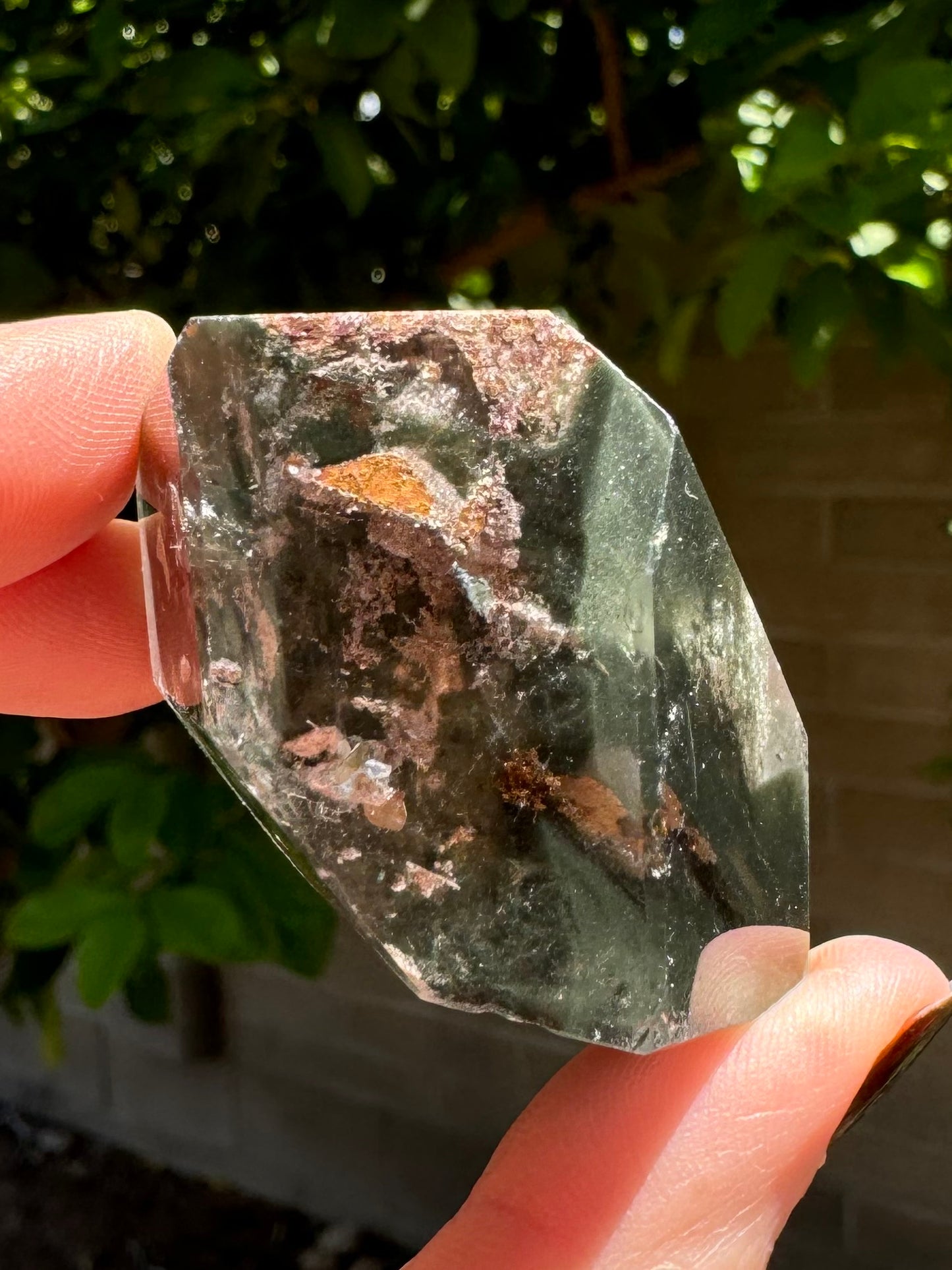 A side-view of the garden quartz with swirling mossy green inclusions and several yellowish blade-like inclusions.