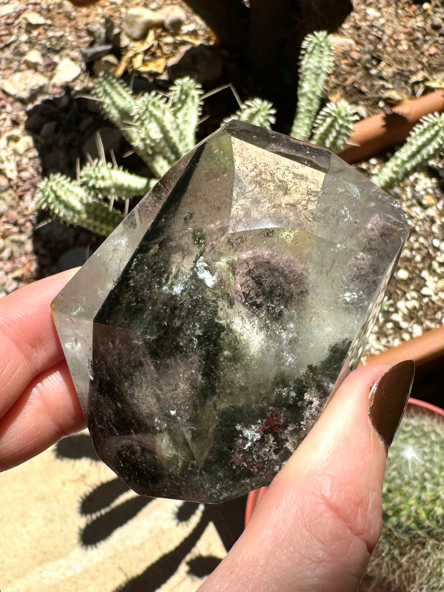 The piece in direct sunlight, with the sphere of light pinkish chlorite surrounded by whitish wispy inclusions on a bed of mossy green chlorite.