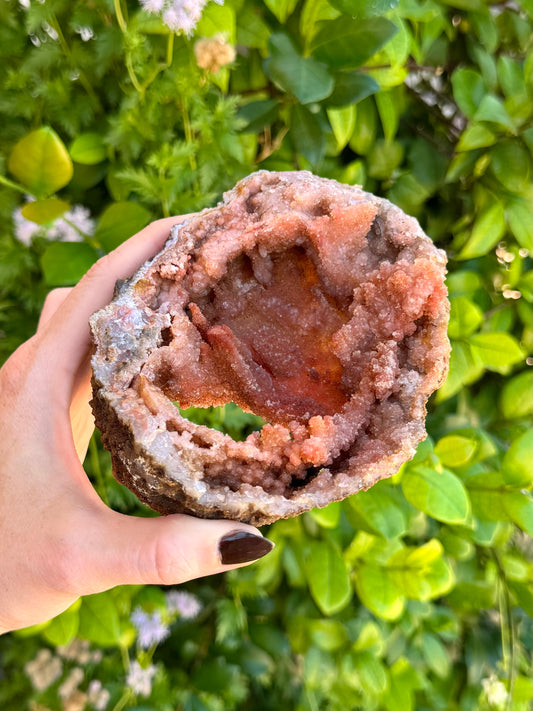 A large chalcedony geode in indirect sunlight. It is oval with lumpy formations inside, flat with a hole through the middle