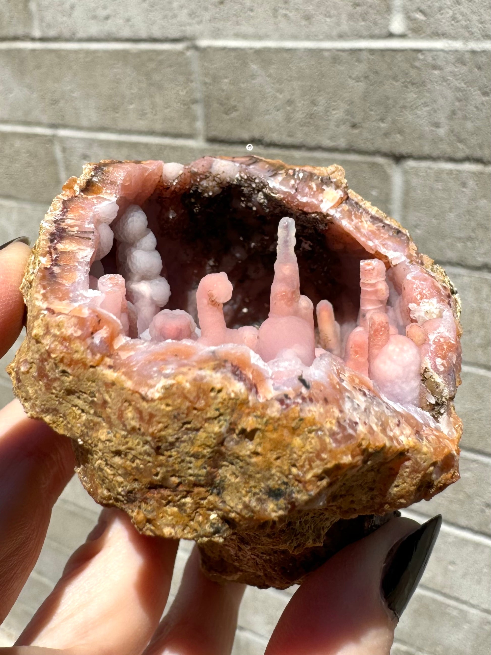 Detail of spires on the edge of the geode, showing one is curled over like a candy cane.