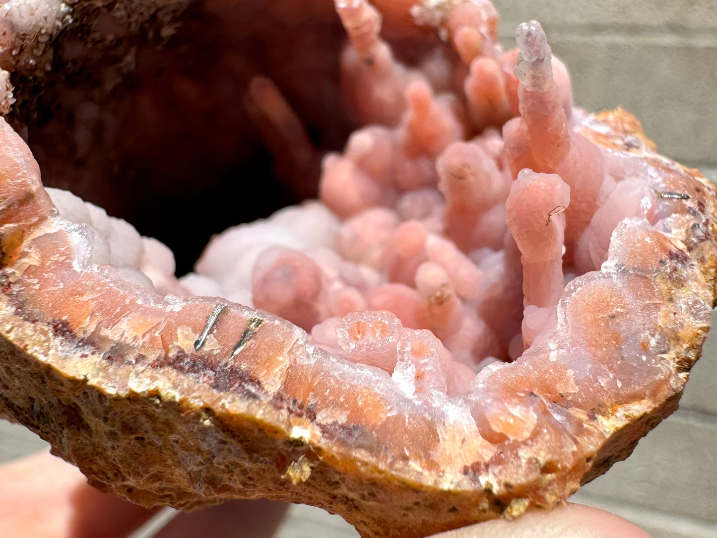 Detail of the broken edge of the geode with the candy cane spire next to it. The broken edges have a layer of orange chalcedony coated with a milky white layer. Where there are partial spires, there is a dark point at the center, and at two points on the edge there is a metallic radial-growth mineral