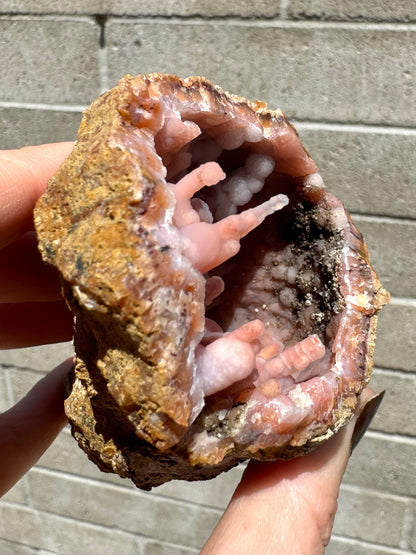 Angled view of the specimen showing the roof of the geode is covered with another mineral growth.