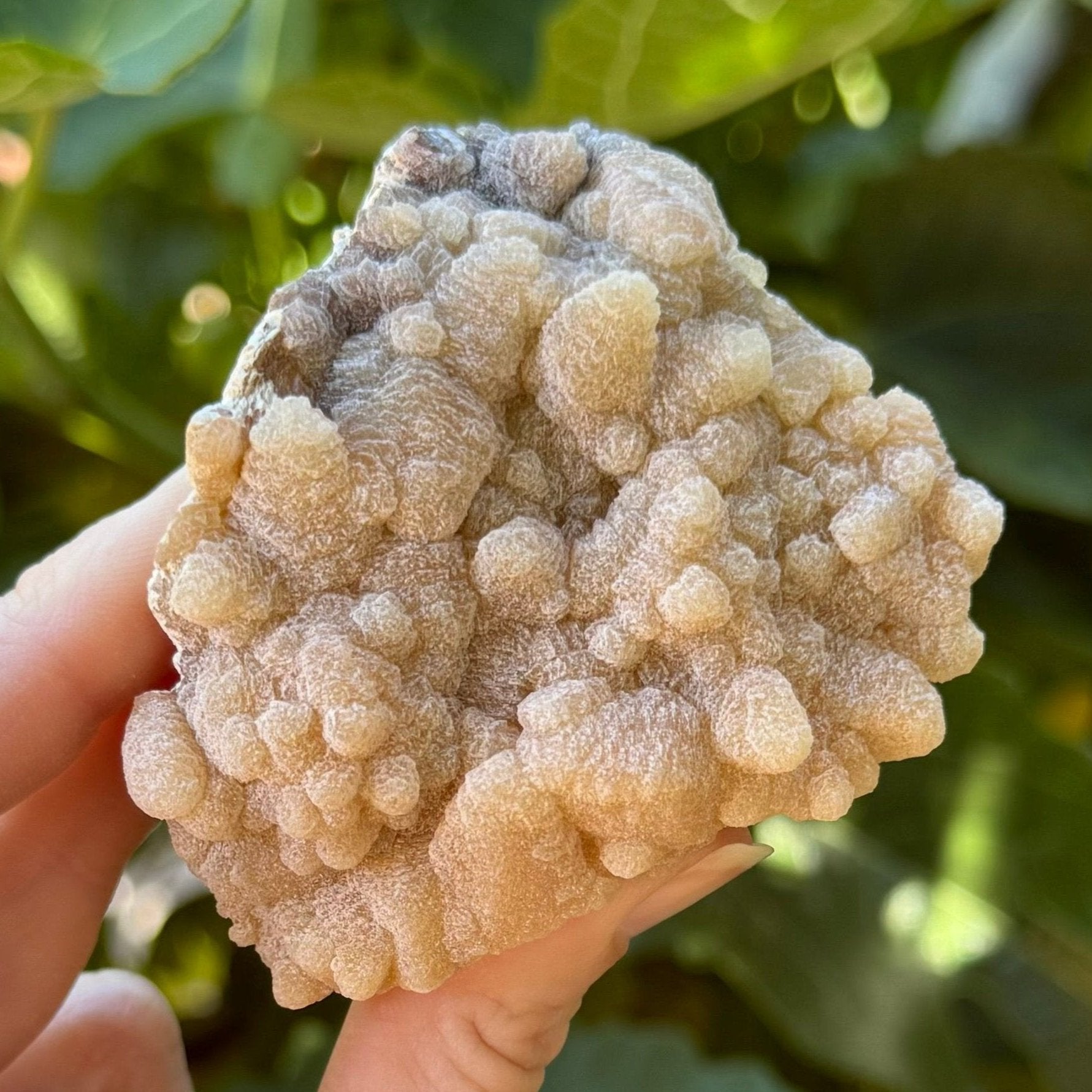 Closer view of the points on the piece, shaped like typical calcite points but with a textured layered mineral overgrowth layer.