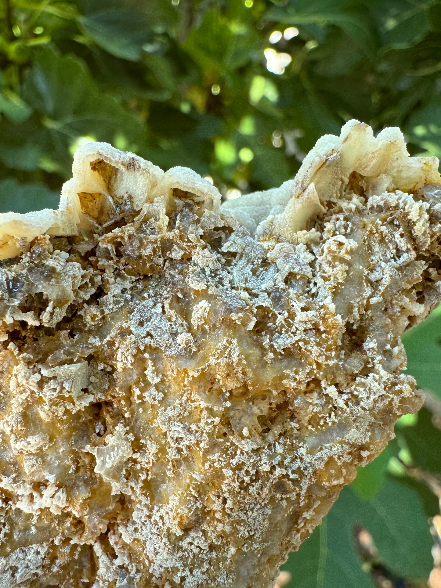 Close up of bottom and edge of the mineral showing hollow under the aragonite crust