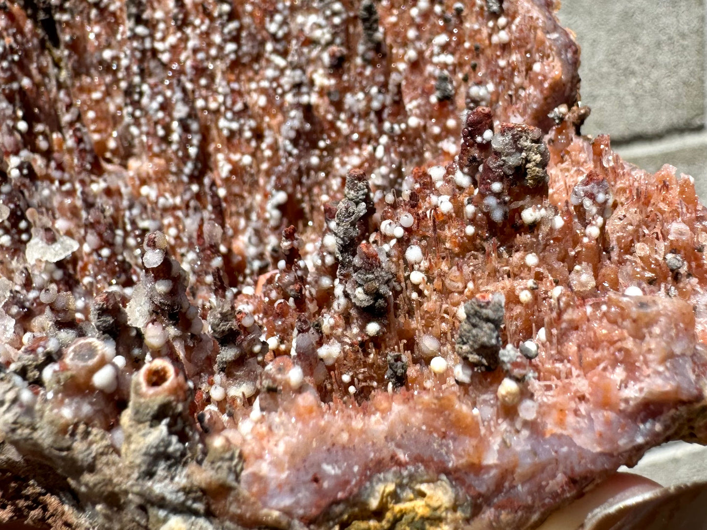 Detail of an edge of the piece with white spheres and lumpy brown mineral on spires. In the foreground some spires are broken, revealing rings of orange, white, and a dark mineral or hollow.