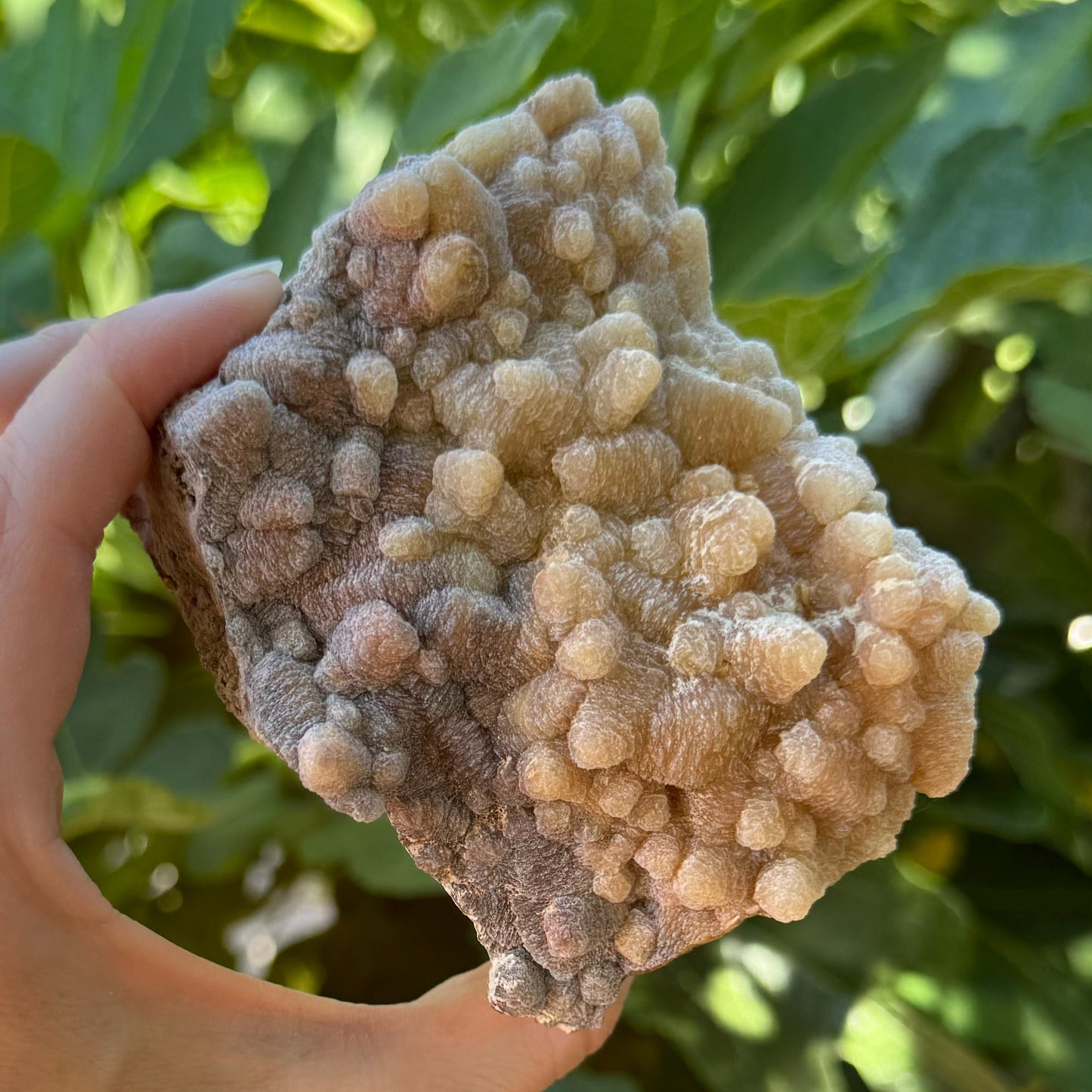 Closer view of the points on the piece, shaped like typical calcite points but with a textured layered mineral overgrowth layer.