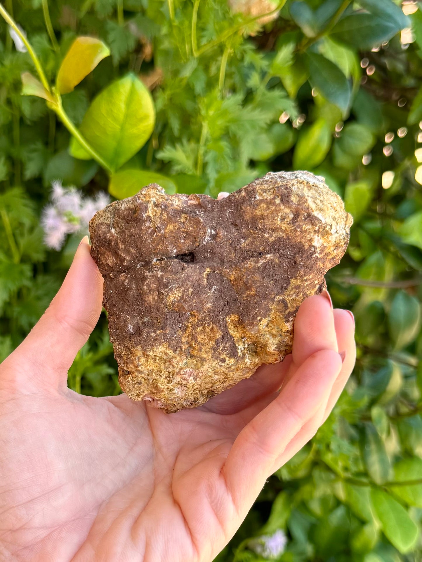 The back of the specimen, with the geode crust a rough brown rock. A crack is visible horizontally across the piece, and dark dirt-like material used to cover it and a vertical crack.