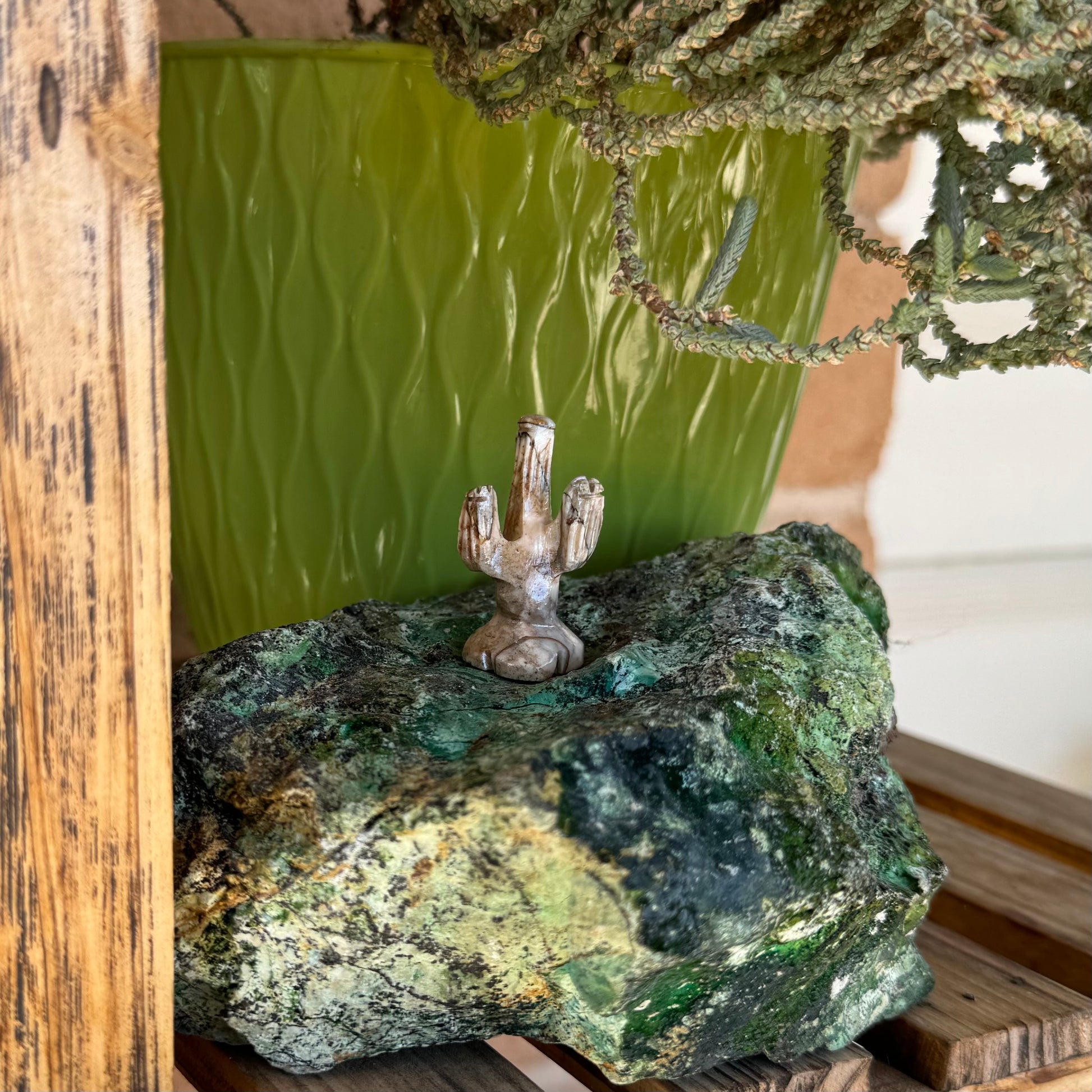 A light gray saguaro with thin dark stripes, on a blue-green rock.