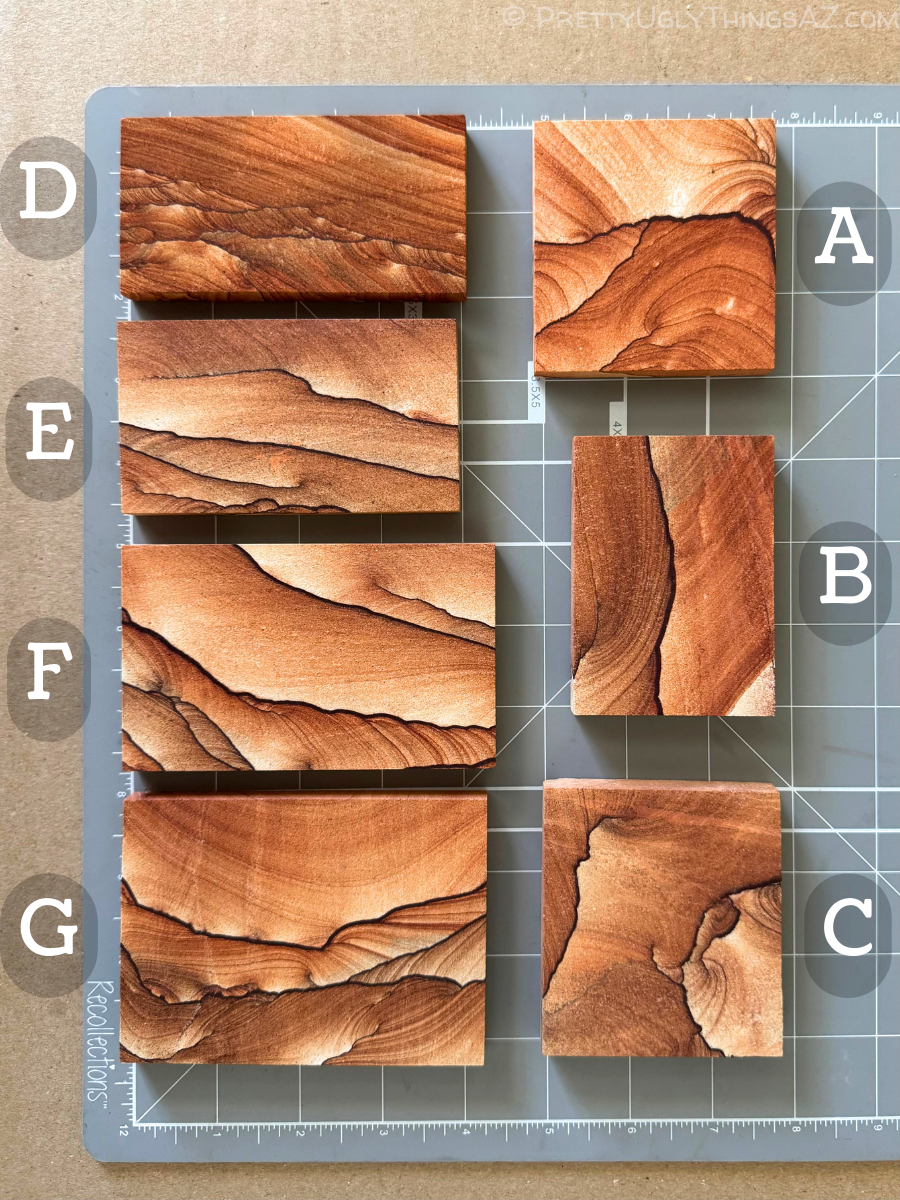 Options A through G on a measuring mat, in order in two columns from top right to bottom left. All are rectangular, with options A and C close to square and the rest more elongated. Options F and G are larger than the rest.