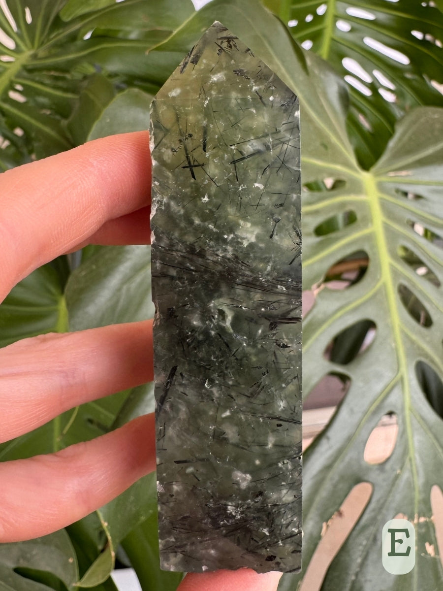 Option E, mottled dark green prehnite with spit-like white inclusions and dark needles of epidote through it. The edges are abraded in places. 