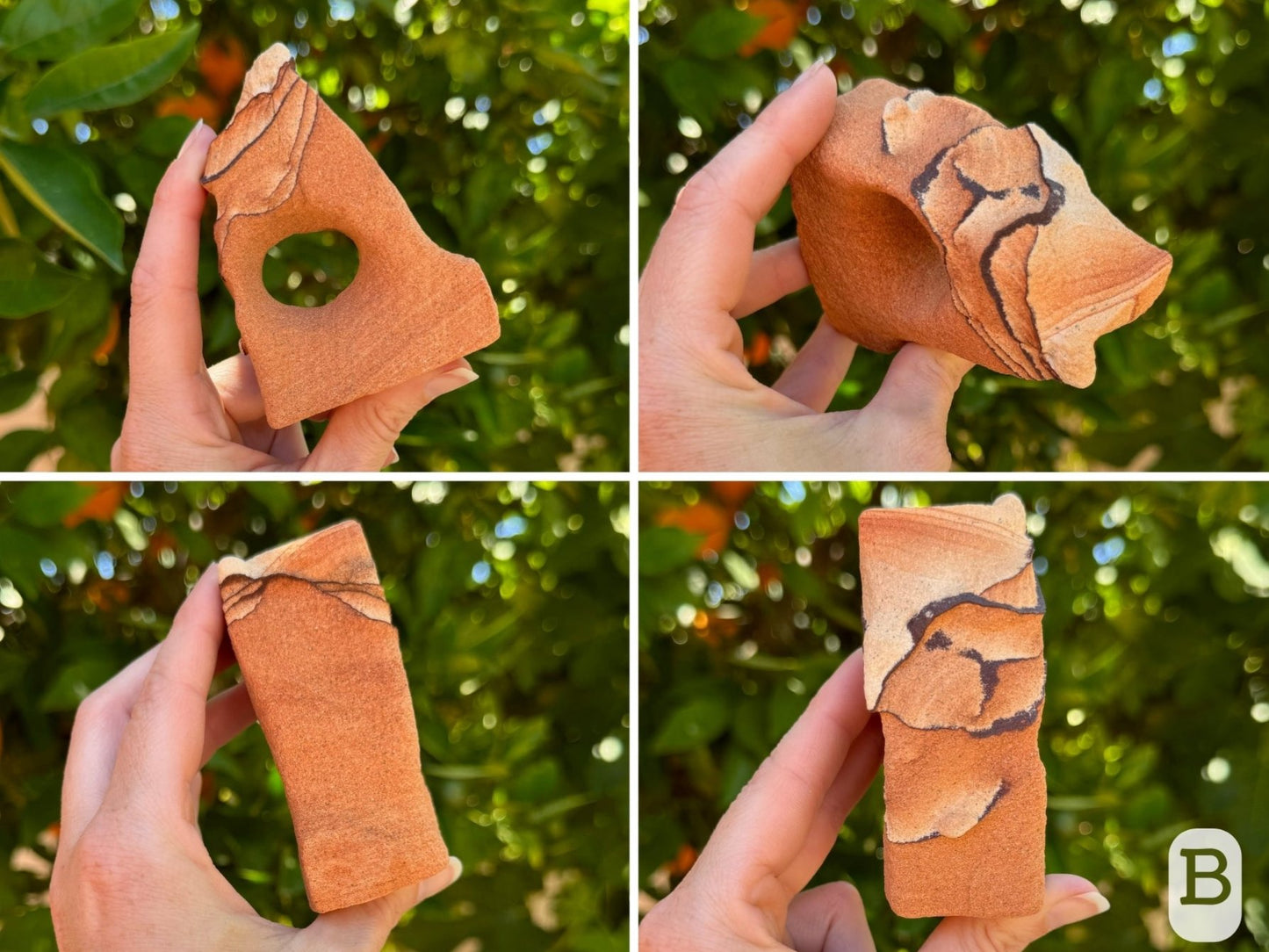 Option B, four views of a sandstone arch that is thick and blocky, a stubby triangular shape with a round hole through the middle. It is mostly red-toned, with dark banding and some lighter layering on the top of the piece.