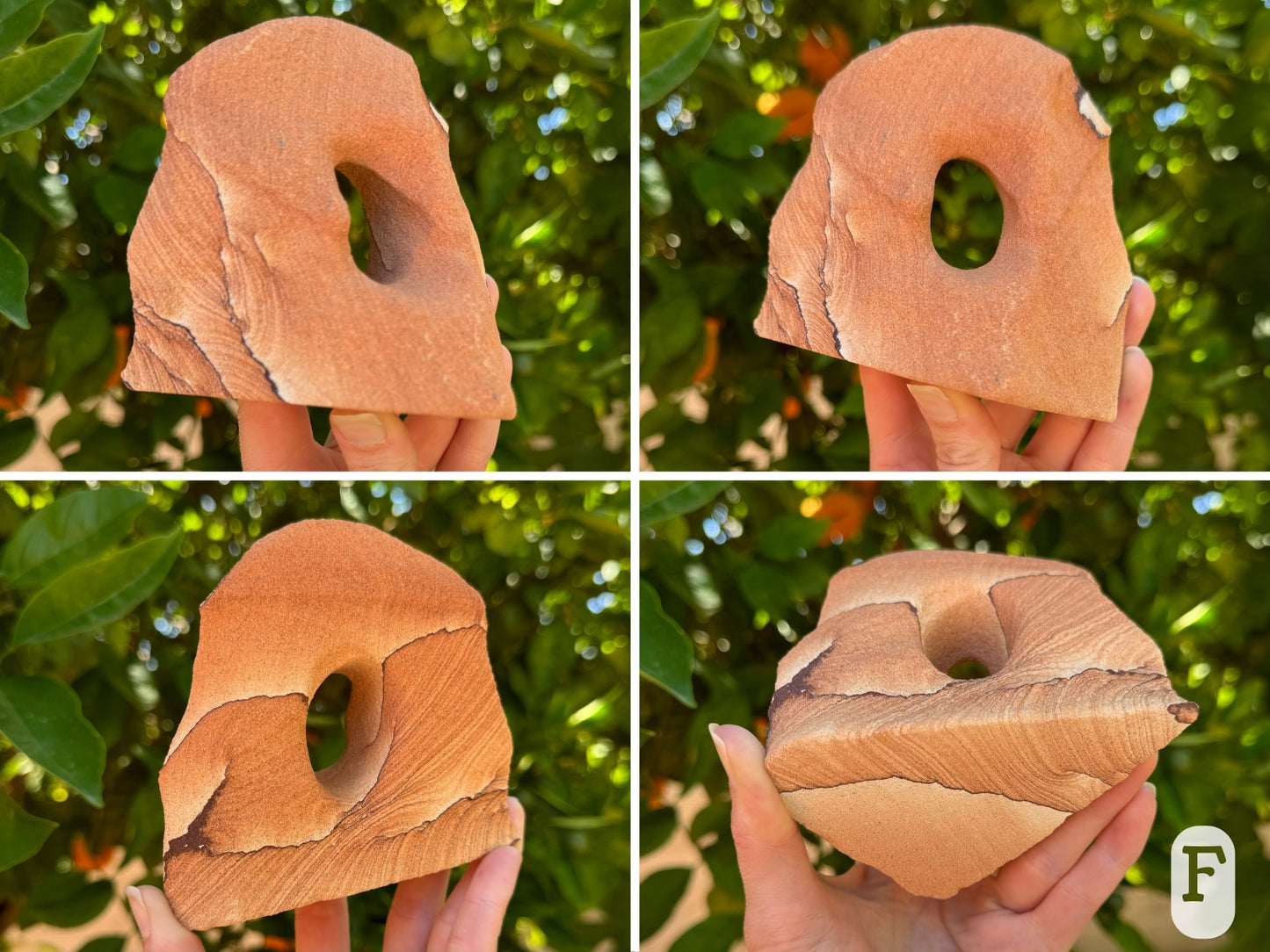 Option F, four views of a sandstone arch shaped like a rounded arch, and with a triangular base. An oval hole is cut through the center. One side has good layering and some dark banding, and the other side has lighter banding for a more uniform appearing red color.