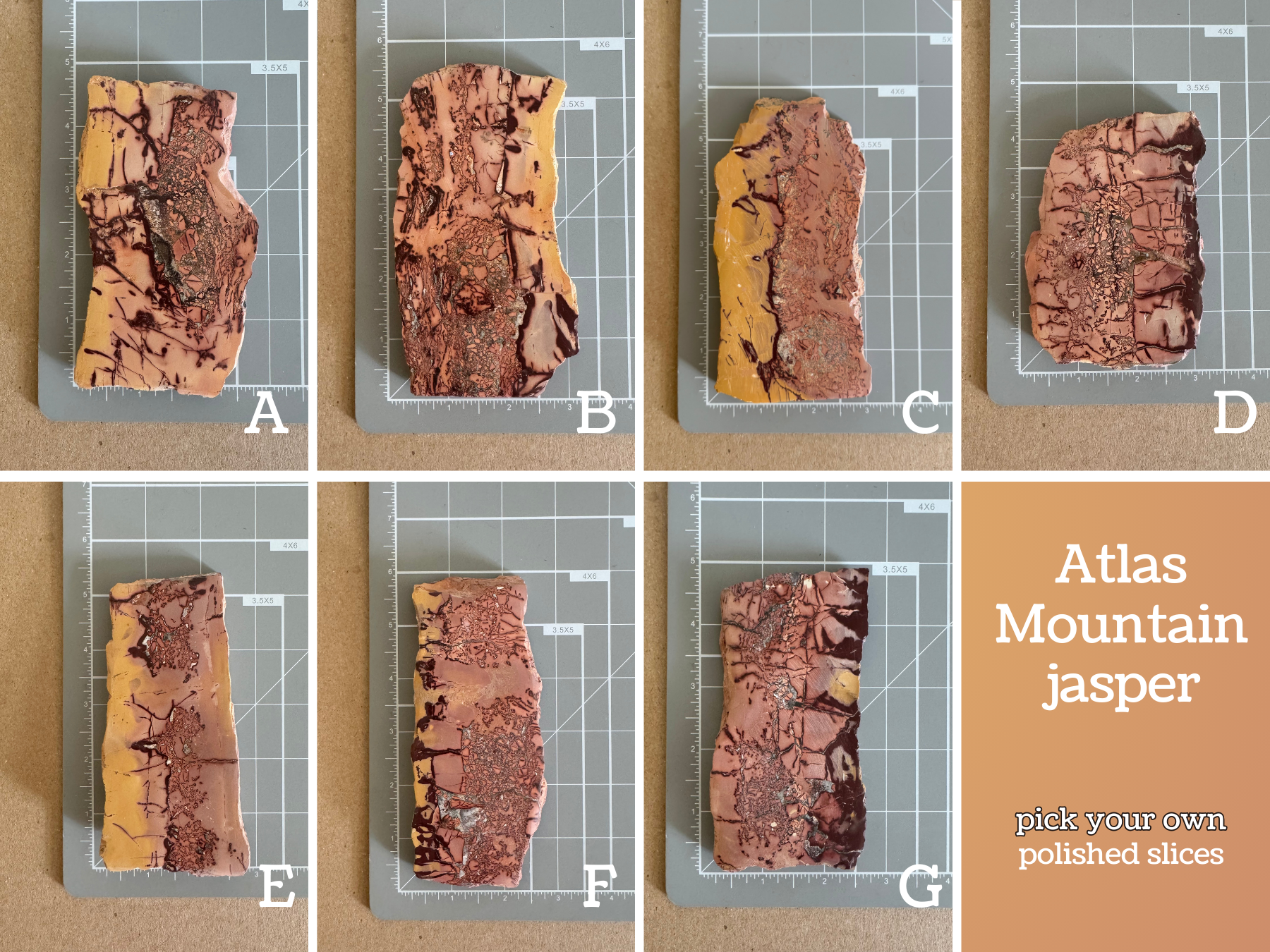 Scale images of the seven options available, showing the jasper slices on a measuring mat. Measurements indicated in full description.

Text reads "Atlas Mountain Jasper, pick your own polished slices"