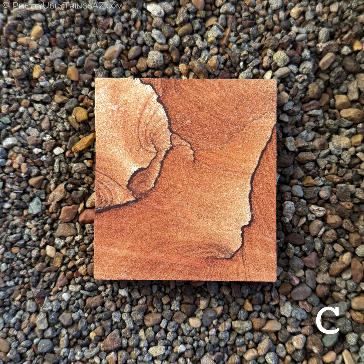 Option C, a near-square rectangular piece of sandstone with thin dark iron bands in a spiral-like formation, with faint curved layering fanning off them in a saturated orang-red sandstone. There is a patch of near-white sandstone with thin layering inside a ring of iron banding in the upper left corner.