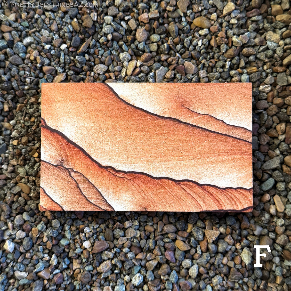 Option F, a slightly long rectangle with light coloration. It has bright red-orange layering fanning out from thick dark iron bands that snake diagonally across the piece, forming some scallop patterning. The sandstone fades in a gradient to near white, providing nice contrast.