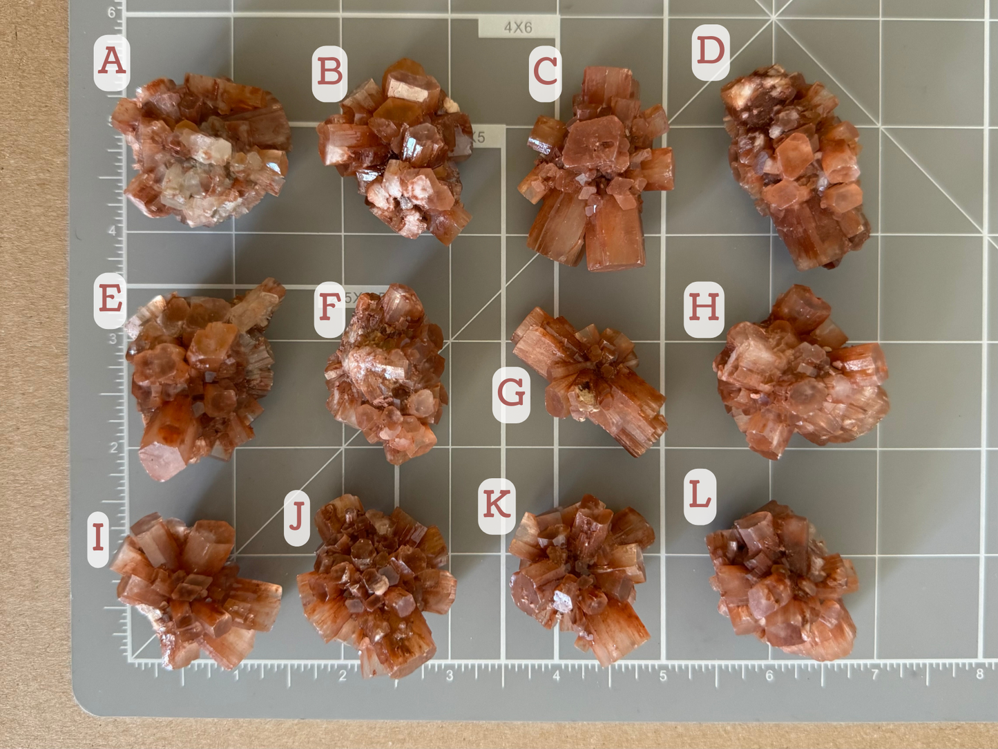 Scale image showing the options spread on a measuring mat and labeled. The approximate size of each is: A, 1.25 inch; B, 1.5 inch; C, 1.5 inch; D, 1.75 inch; E, 1.5 inch; F, 1.5 inch; G, 1.5 inch; H, 1.5 inch; I, 1.25 inch; J, 1.5 inch; K, 1.25 inch; L, 1.5 inch