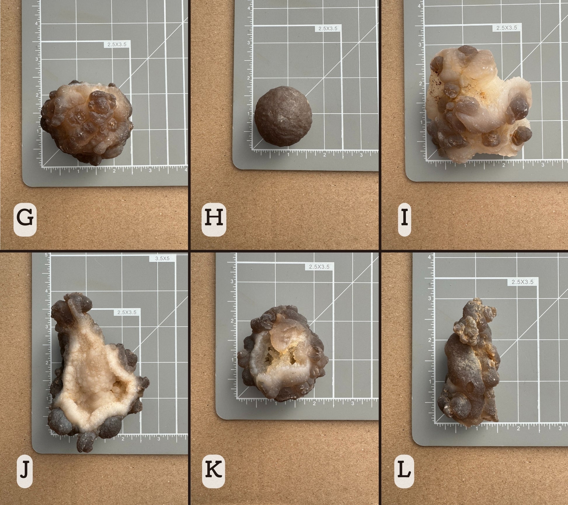 Scale images of options G–L on a measuring mat. Measurements are in the full description.