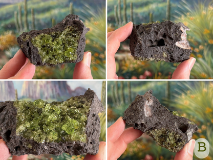 Option B, a small roughly rectangular piece of basalt with a pocket of extra gemmy peridotite covering one face. The peridotite is a reich yellow-green with good clarity and luster in the chunky crystals. There is a small lower-quality pocket on the other side, and white overgrowth on the end.