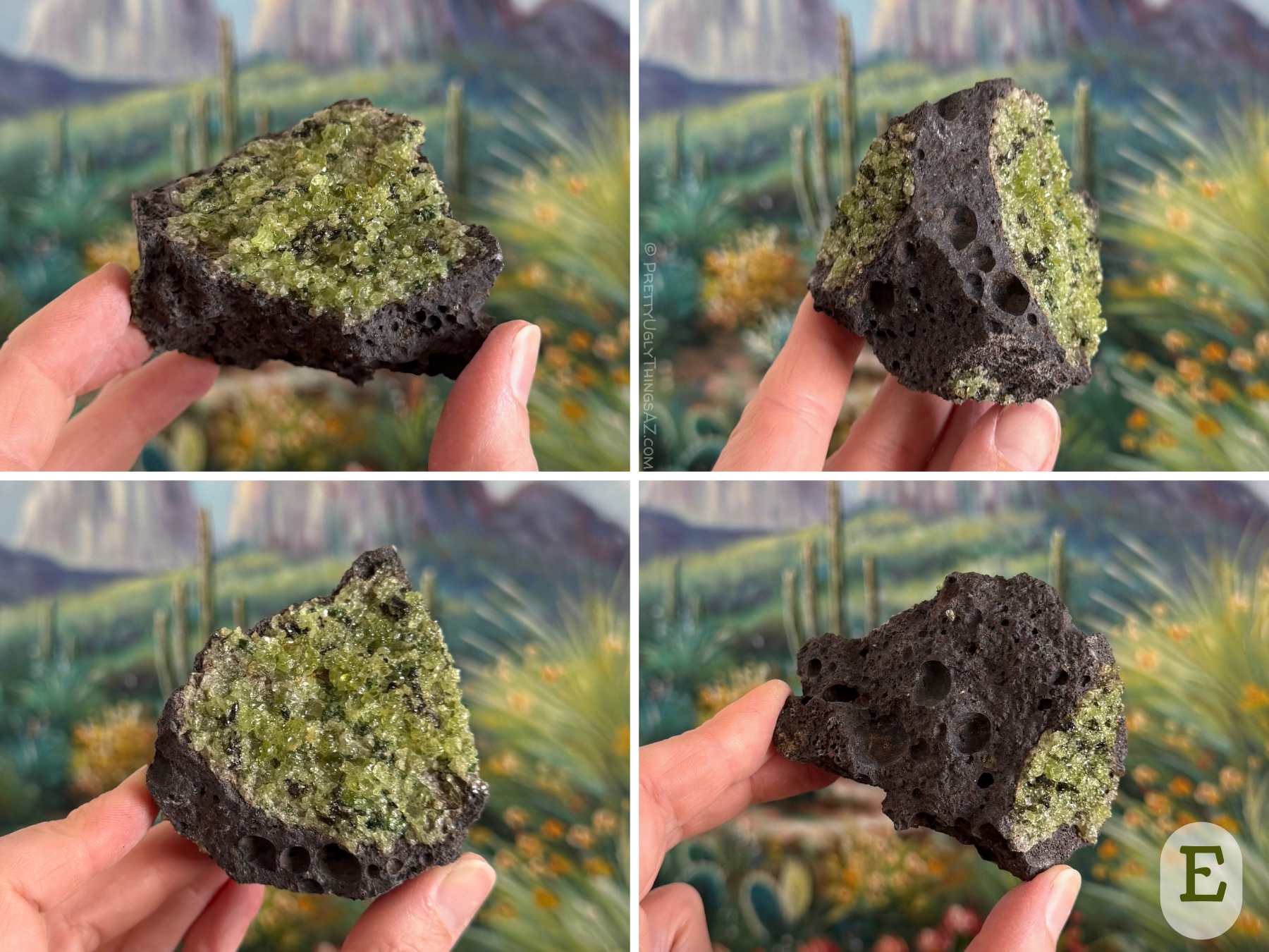 Option E, a wedge-shaped piece of basalt with a large gemmy patch of peridotite covering the main face, mainly yellow green olivine. There are nice large bubble holes around the edges, and several smaller, lower-quality pockets of peridotite on the other sides.