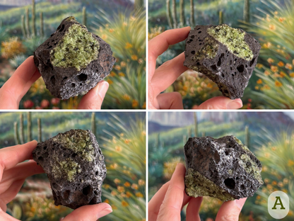 Option A, a compact angular piece of basalt  speckled with large bubble holes, and a large pocket of vibrant peridotite on one side. The peridotite is yellow-green and spotted with dark green spinel. There are several small lower-quality pockets. One side is mottled with white overgrowth.