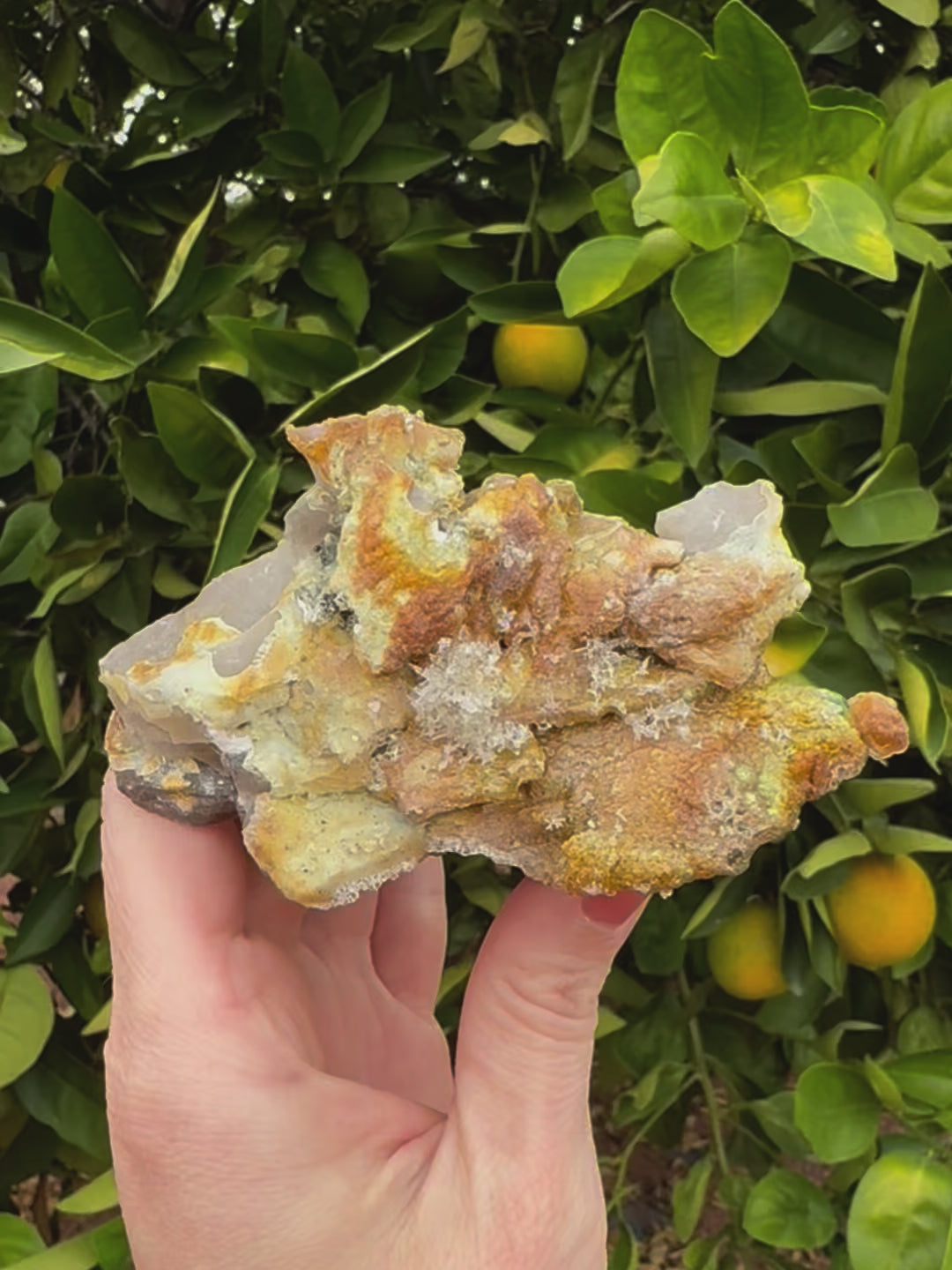 Short clip of the underside of the specimen, zooming in to show detail of the thick hyalite, and the structure made of small needles.