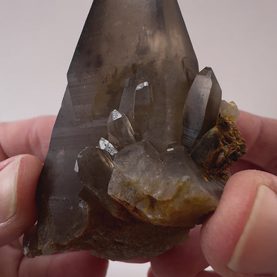 Short clip detailing the cluster of crystals at the base of the specimen, tilting it in the light to show details. The main point has good clarity, show dark spots and wispy inclusions when back-lit