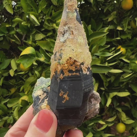 Short clip of the specimen in indirect sunlight, being turned and tilted to show all angles and reflect light off crystals, showing the smoky quartz has good striations. The hyalite has good daylight fluorescence, glowing a light yellow-green.