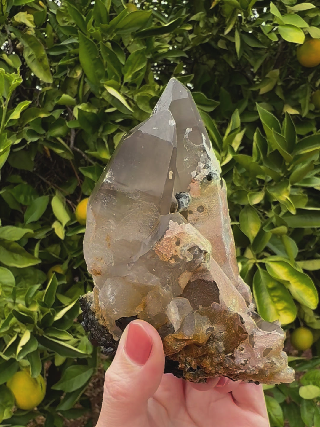 Short clip of the specimen being rotated and tilted to show crystals at different angles. The smoky quartz has good clarity, with a satiny surface. The hyalite has a slight green-yellow daylight fluorescence.