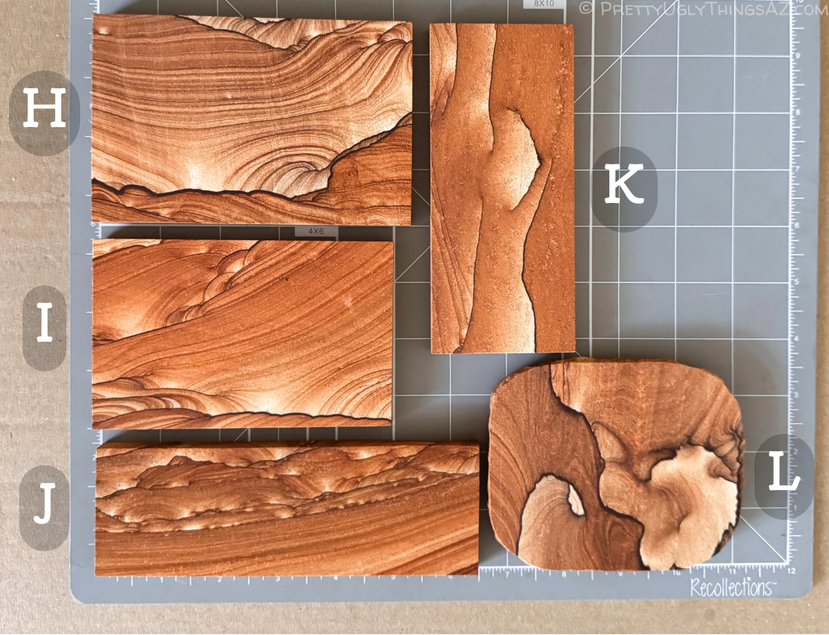 Options H through L on a measuring mat, in order in two columns from top left to bottom right. All are larger than options A through G, with option H is the largest, a standard rectangle, and option I similar but slightly smaller. Options J and L are thin but wide, with panoramic dimensions. Option L is a boxy rectangle with rounded corners.