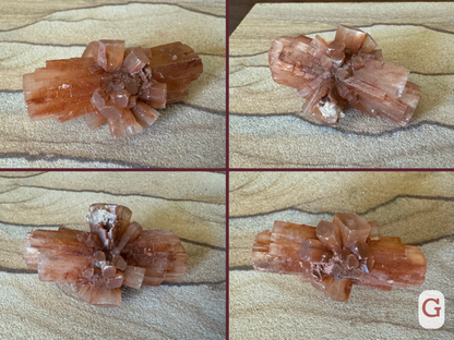 Option G, four views of a sputnik aragonite cluster with one large barrel crystal through the center, and a tutu of smaller crystals around its middle. The main crystal has sprouting growth around it.