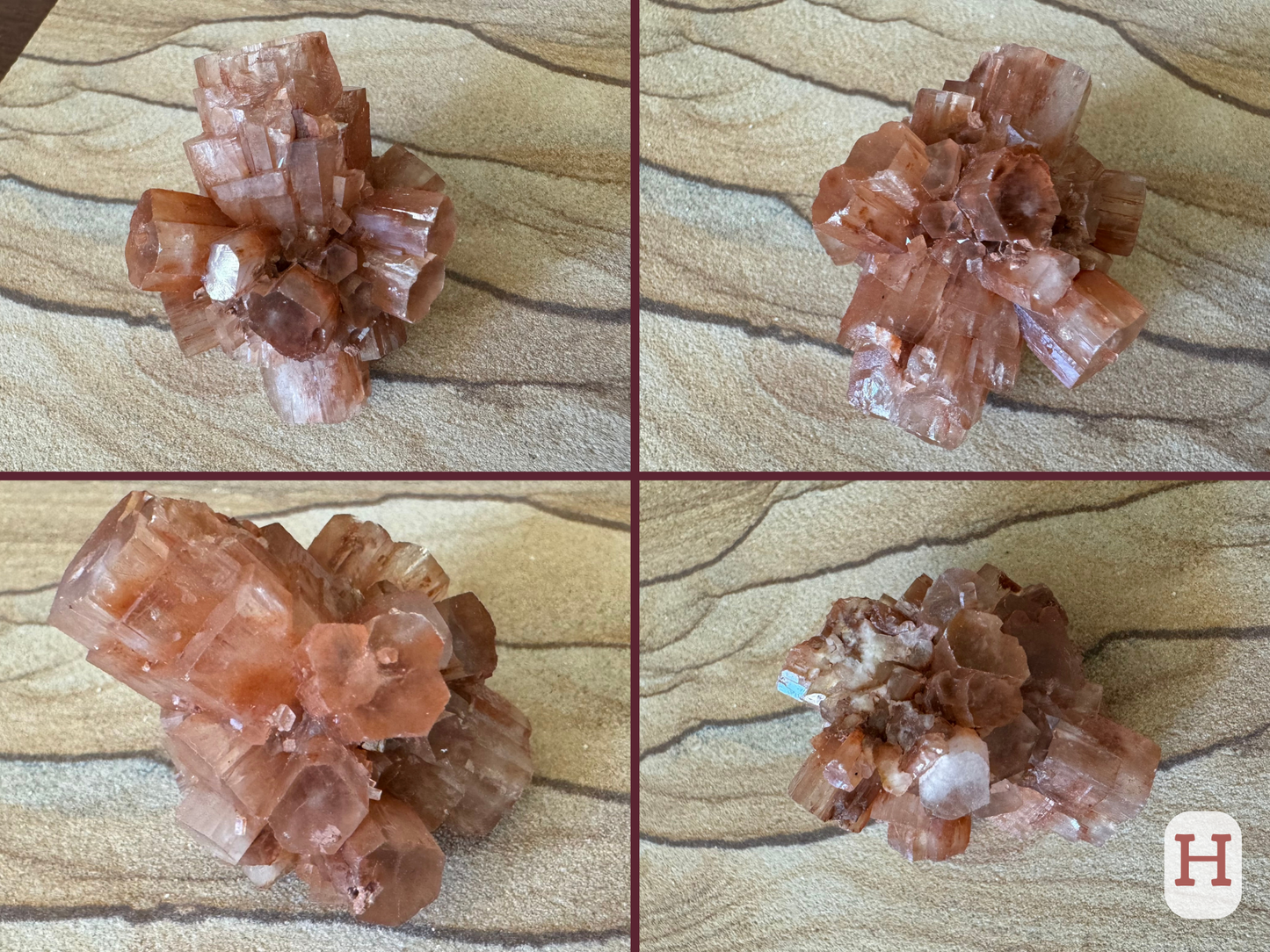 Option H, four views of a sputnik aragonite cluster with one large barrel crystal through the center, broken on one end. It has a tutu of smaller crystals around its middle, and stepped growth almost like sprouting growth around the main crystal.