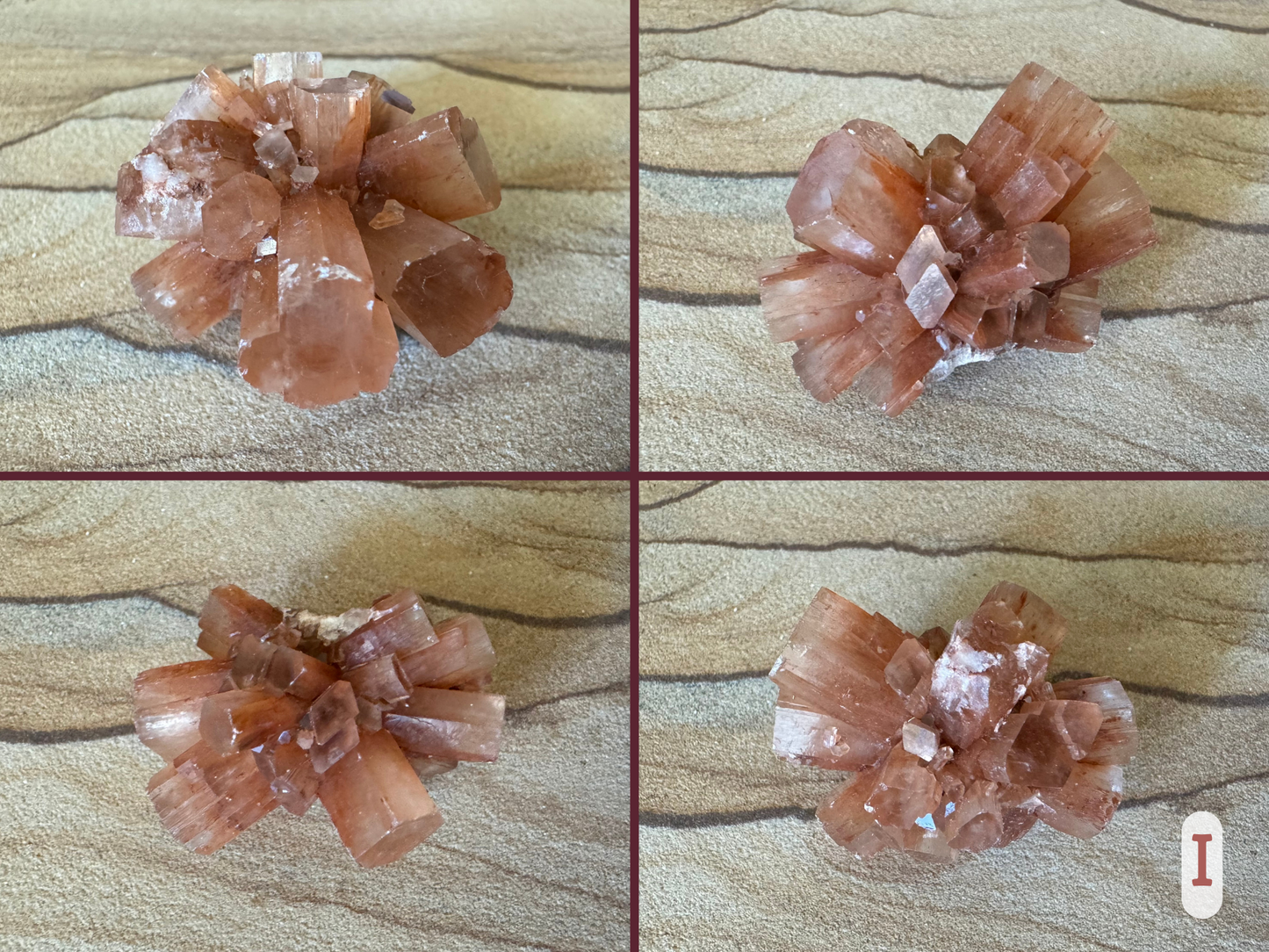 Option I, four views of a sputnik aragonite with more of a bow-tie composition, flat with crystals splaying out to the sides. Some large barrel crystals, and also some broken crystals on one side of the piece.