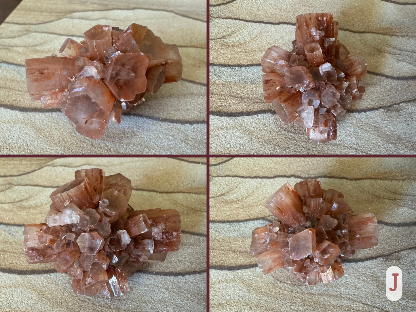 Option J, four views of a Sputnik aragonite with nice compact round shape with one larger barrel crystal through it. The piece has large faces on the ends of crystals with good clarity to see inclusions.