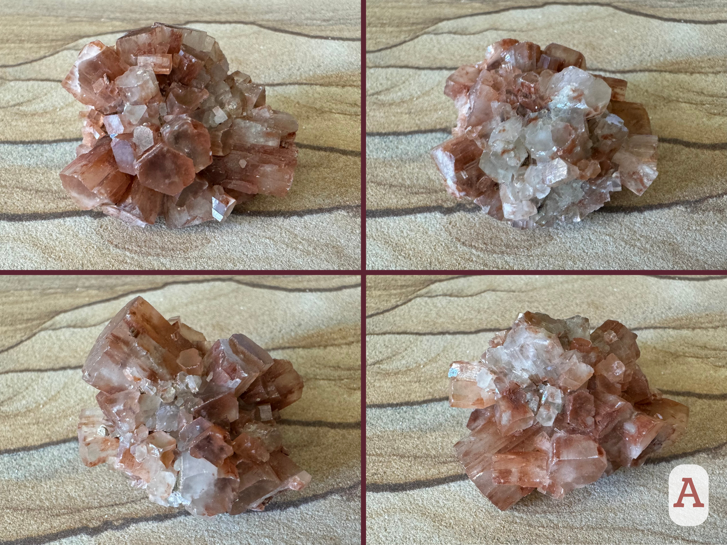 Option A, four views of a bicolor sputnik aragonite with gray-white coloration on one side and brick red elsewhere. The piece has one large pseudo-hexagonal barrel crystal through it and 