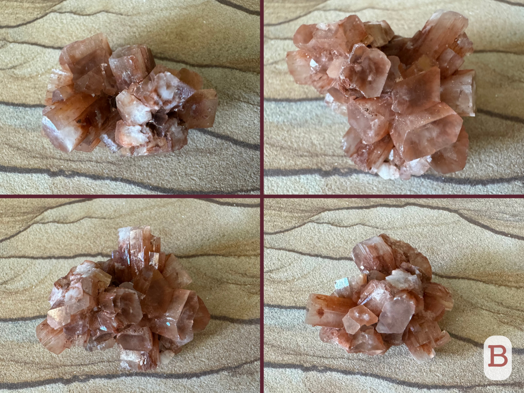 Option B, four views of an irregular sputnik aragonite cluster with chunky flat hexagonal crystals pointing in multiple directions. Large crystals with good clarity making internal inclusions visible. A few crystals are broken.