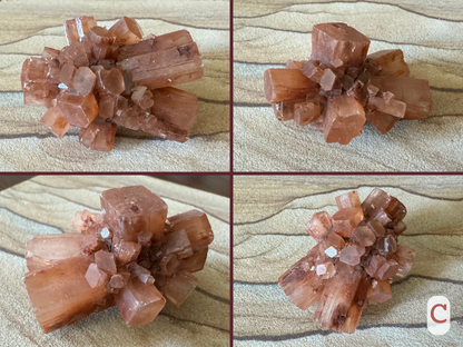 Option C, four views of a well-formed sputnik aragonite with two large barrel crystals sticking out like legs. There are several other large but short crystals among those ringing the middle of the piece